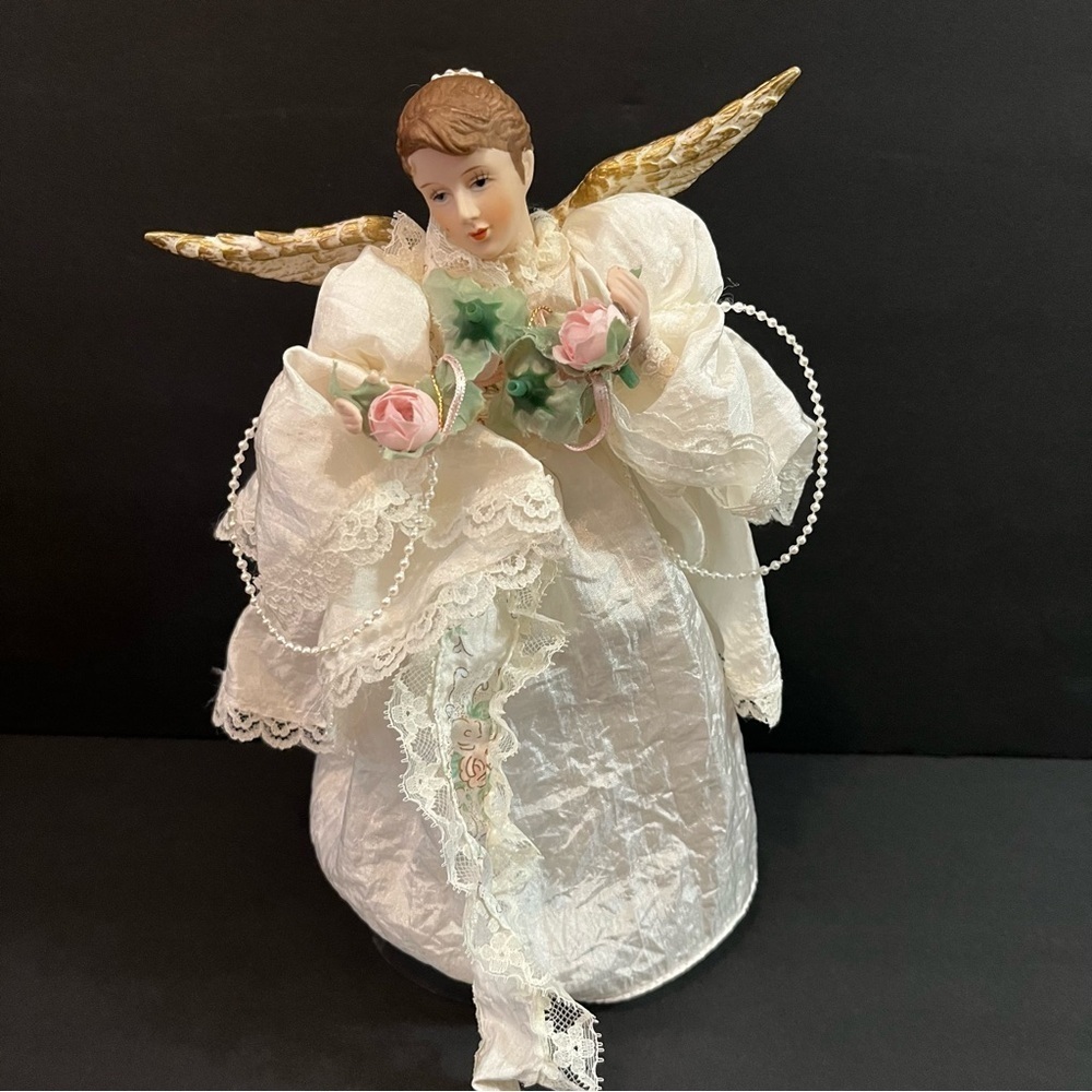 Vintage Christmas Tree Topper Angel Delicate Porcelain Victorian Roses Gold Wing